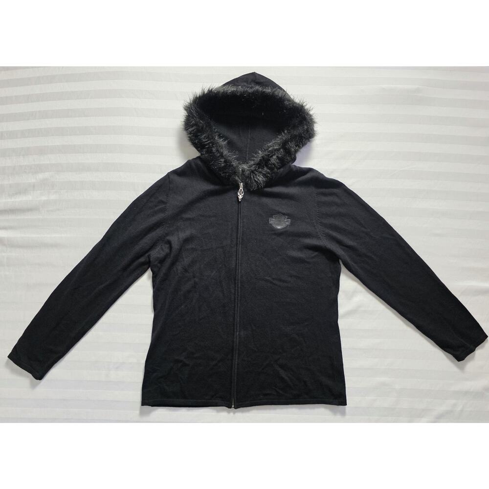 Harley Davidson Womens XL Black Wool Blend Hooded Jacket Fur Trim Full Zip